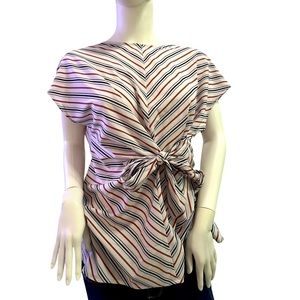 NWT Como Vintage Short Sleeve Tie Waist Peplum White Navy Stripe Blouse Sz L